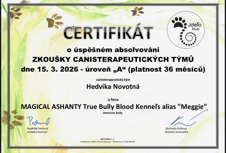 Certifikát o složení canisterapeutických zkoušek Hedviky Novotné a fenky Meggie